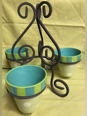 SLAH Provence by Gail Pittman Hand-Painted Stoneware Pots and  Black Iron Stand